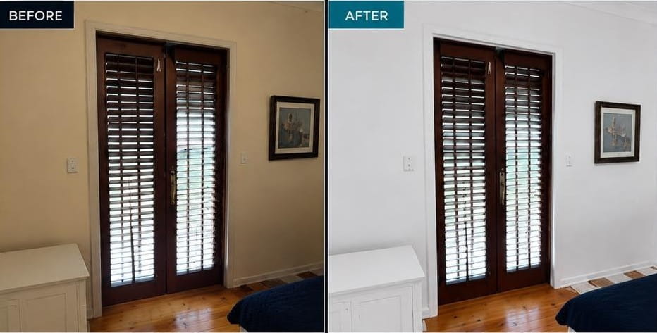 Before and after of Bedroom wall and trim painted by Bentley Signature Painting
