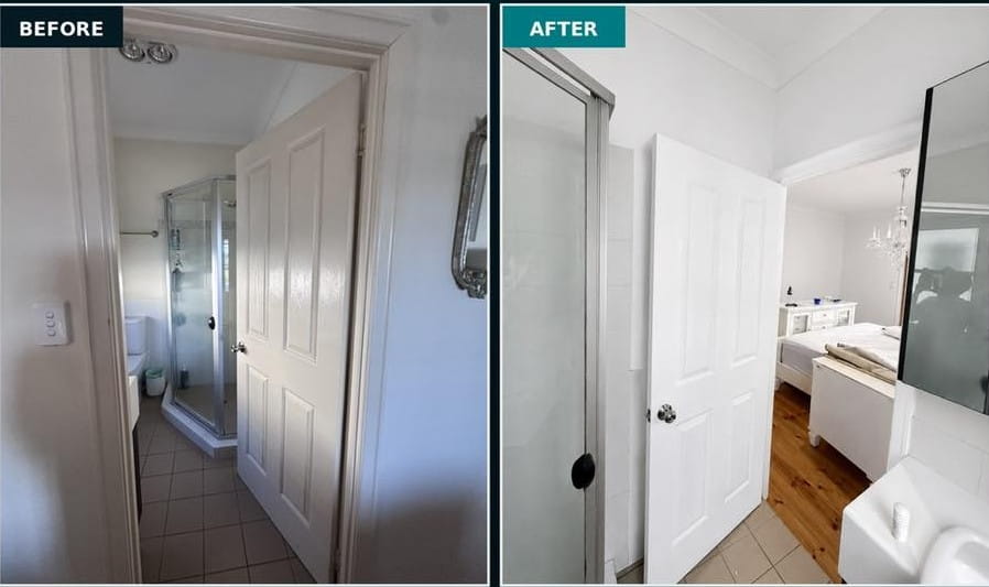 Before and after of Hallway looking into bathroom painted by Bentley Signature Painting
