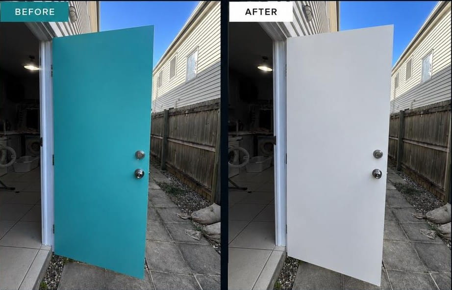 Before and after of Exterior laundry door repaint painted by Bentley Signature Painting