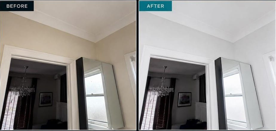 Before and after of Cornice and doorframe detail painted by Bentley Signature Painting