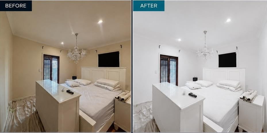 Before and after of Master bedroom walls and ceiling painted by Bentley Signature Painting